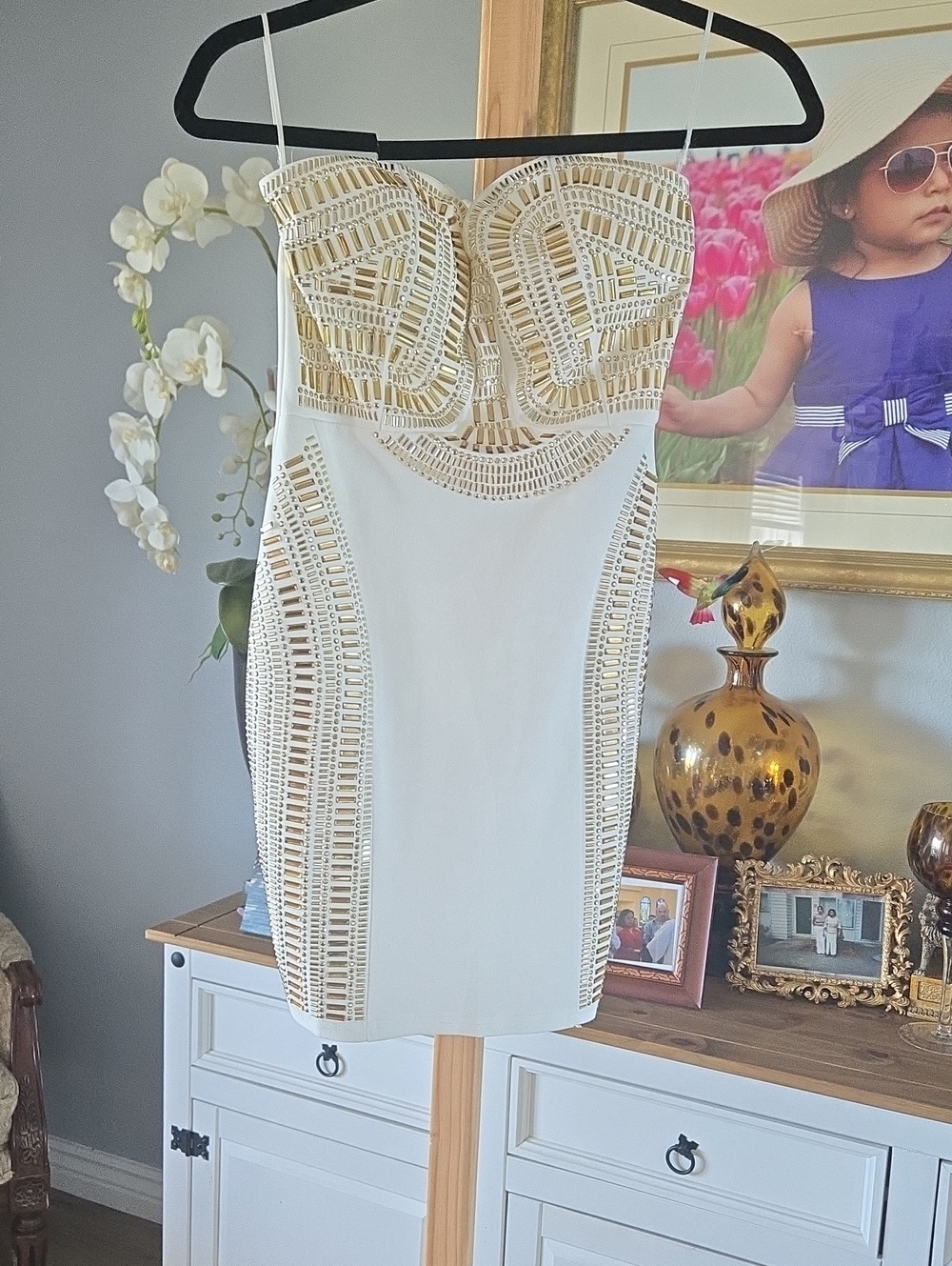 Strapless White Dress with Gold Beaded Detail